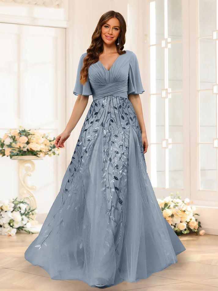 A-Line V-Neck Half Sleeves Split Side Chiffon Full of charm Evening Dresses